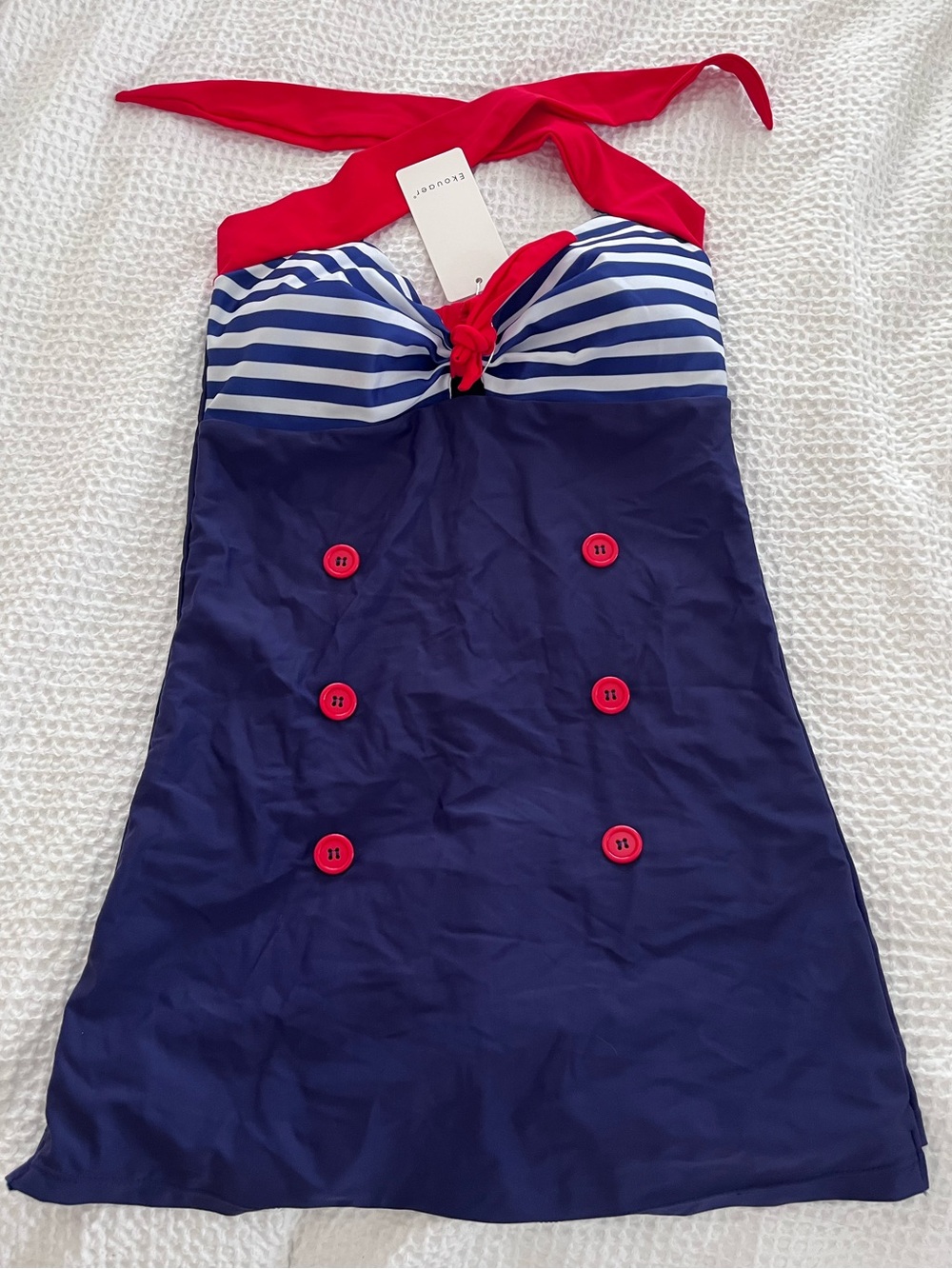 Nautical Stripe Halter One-Piece Swimsuit - Navy & Red